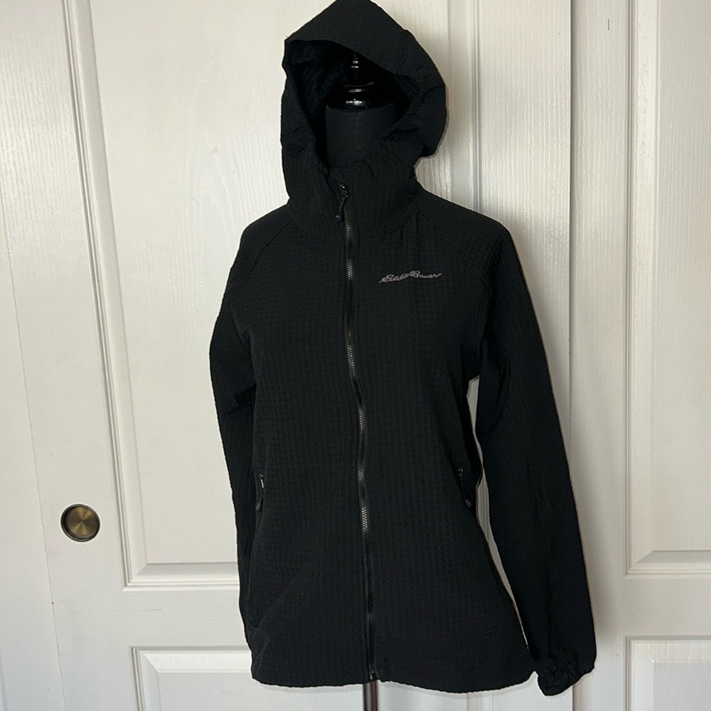 EDDIE BAUER BLACK GRID PRINT ZIP UP HOODIE JACKET